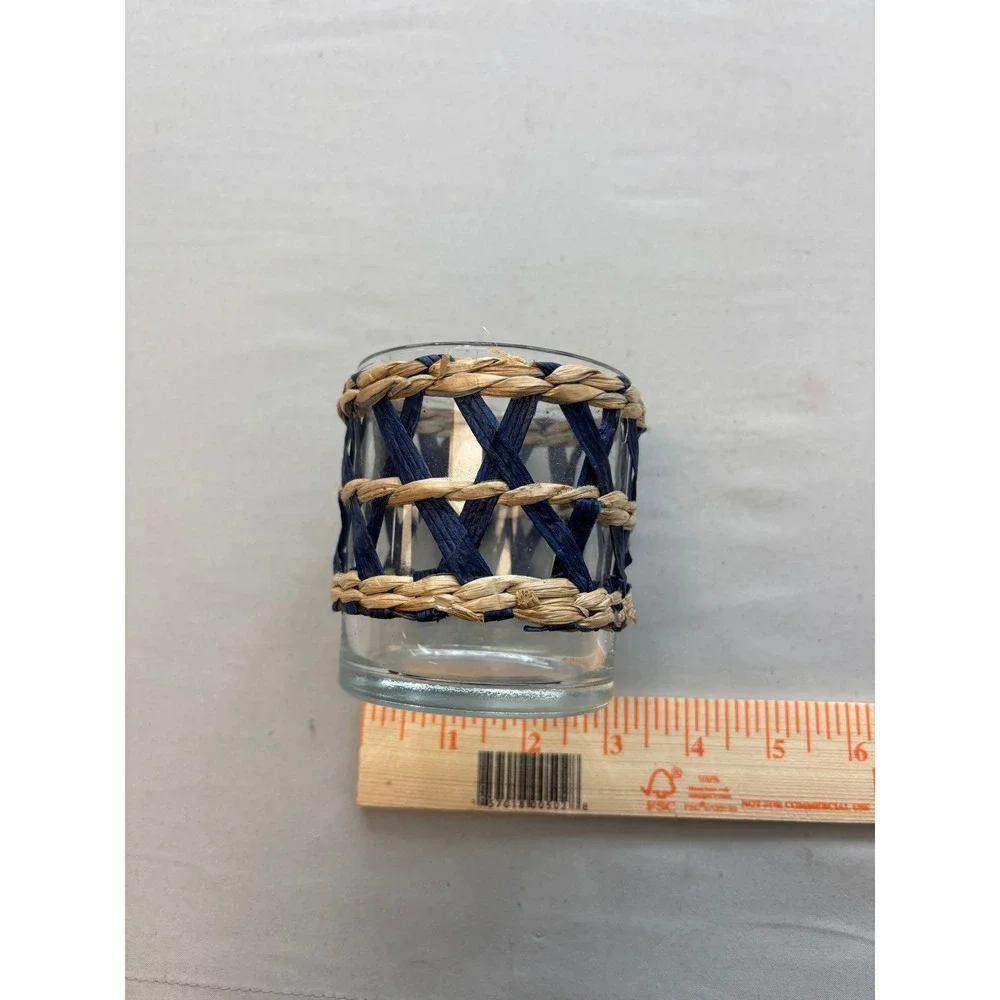 Coastal Woven Navy Blue and Natural Seagrass Glass Votive Candle Holder Bohemian